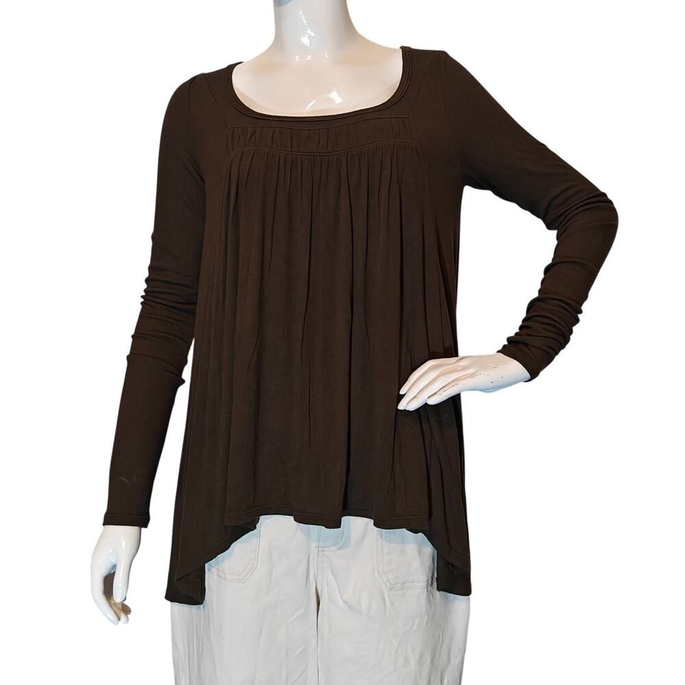 Green Babydoll Top Ribbed Knit Long Sleeve Flowy Boho Stretch Tee M